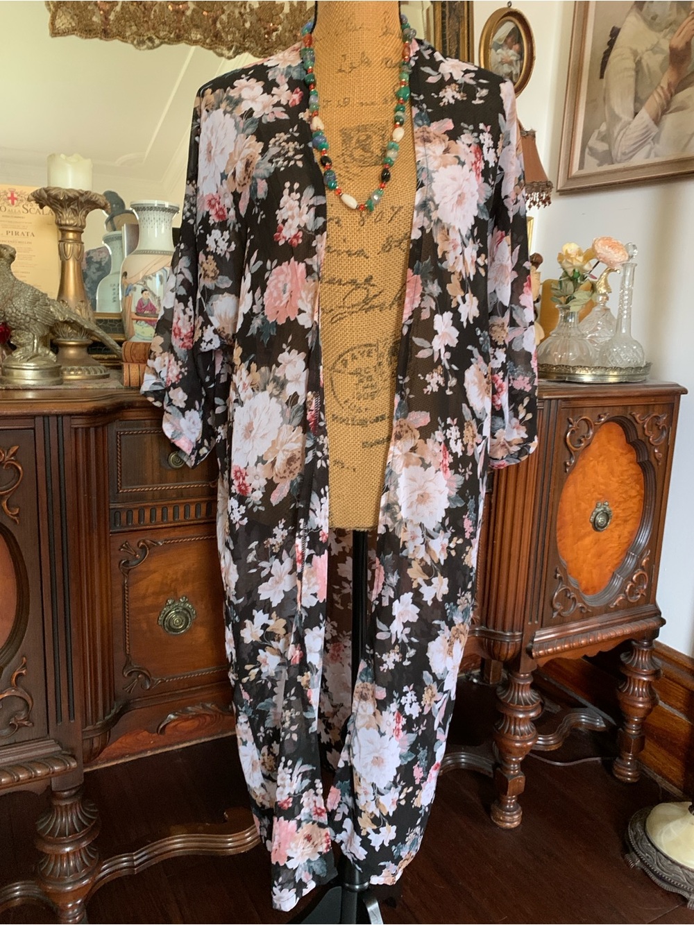 Vintage Boho Hippie Edwardian-inspo Romantic Floral Chiffon Robe Kimono Blouse
